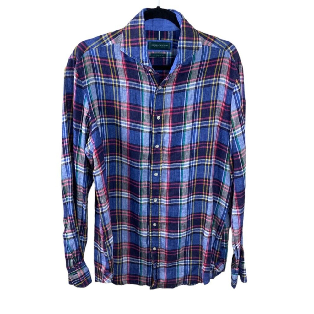 Kent & Curwen Blue Plaid 100% Linen Tailored Fit Button Long Sleeve Shirt S
